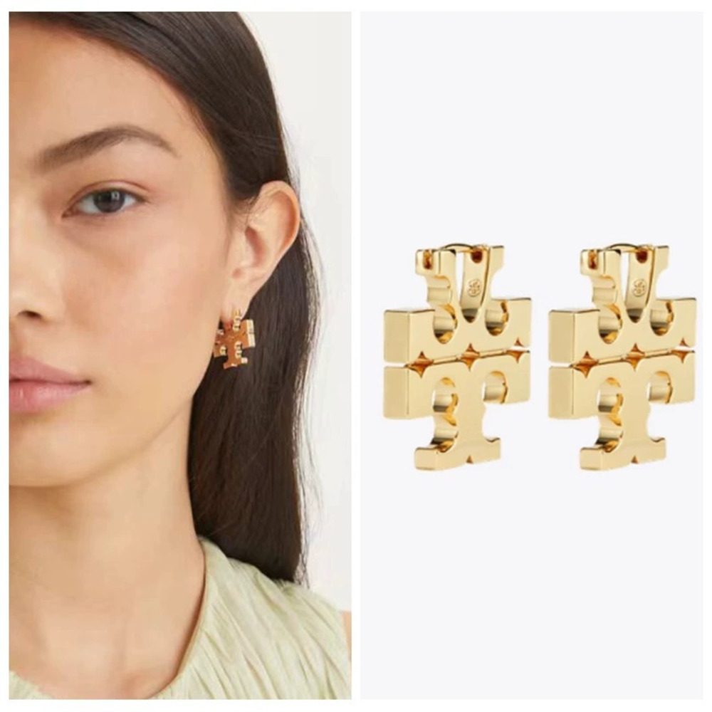 Tory Burch Gold Heavy Large Logo Earrings